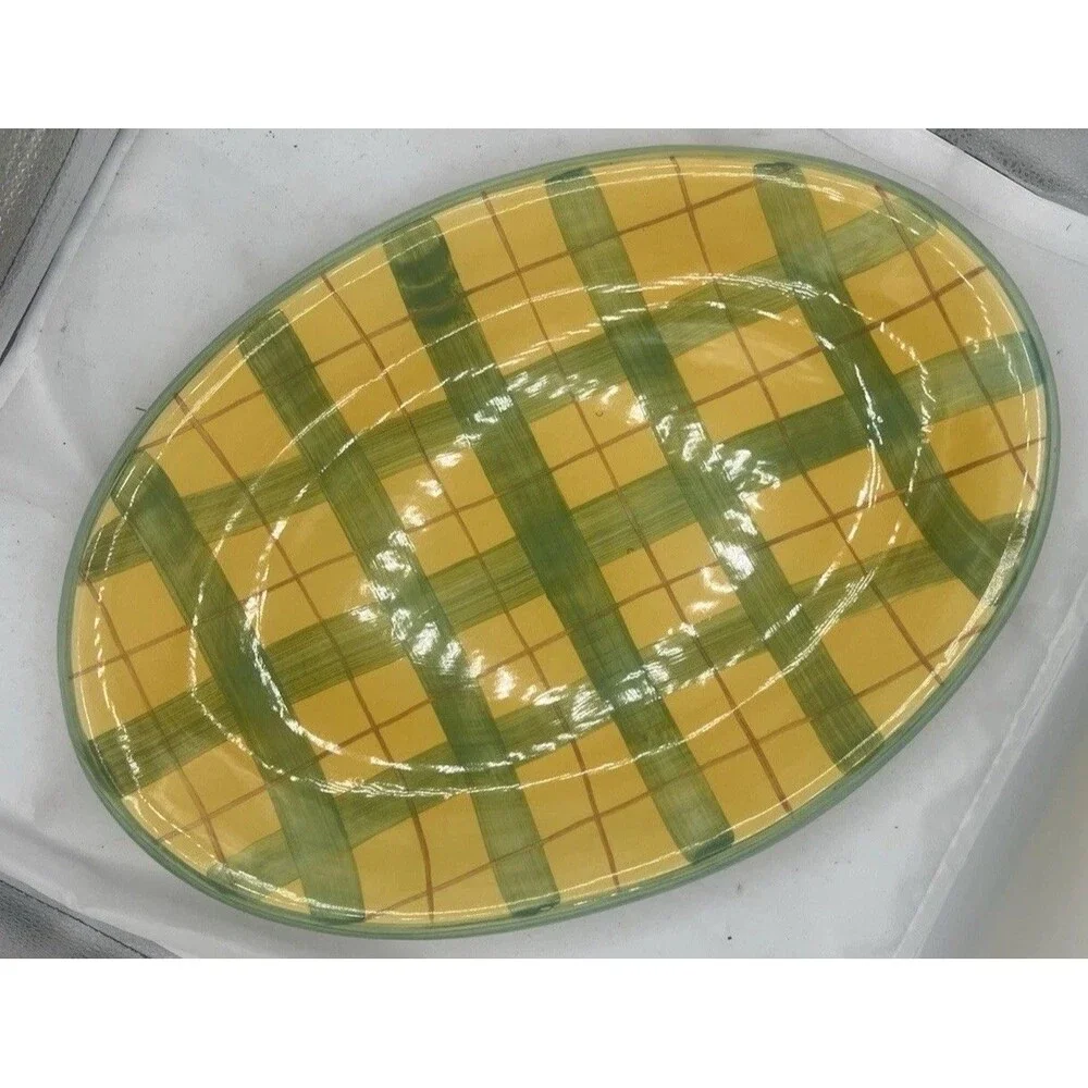 Vintage Alcobaca Portugal Hand Painted Oval Serving Platter Yellow Green 18.5”